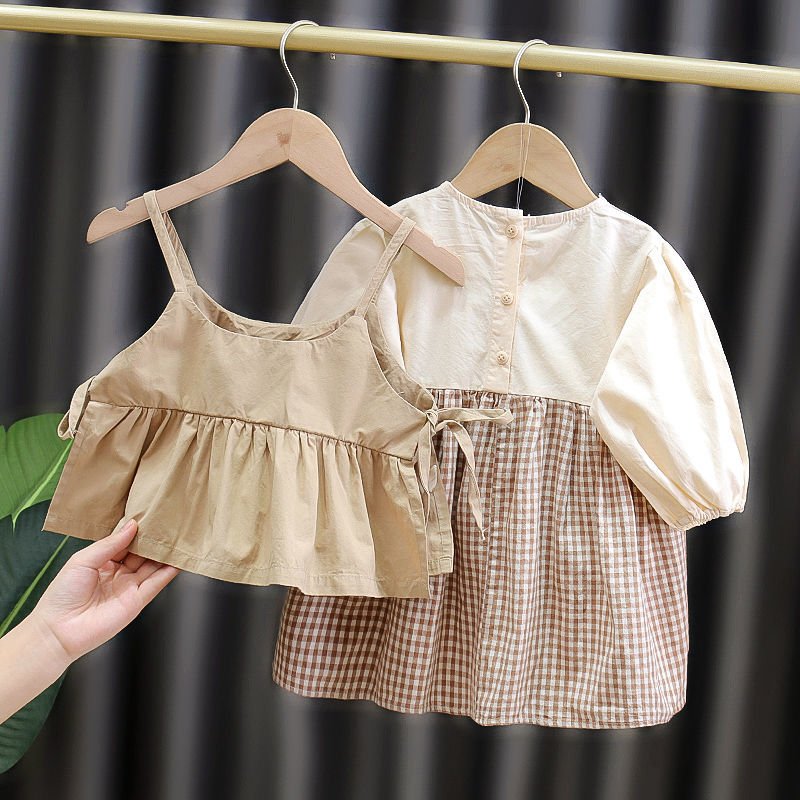 Girl's Korean Style Frill Cuff Long Sleeve Round Neck Checked Print Plaid Frock - Image 5