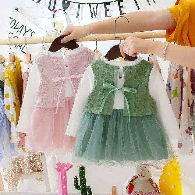 Girl's Korean Style Long Sleeve Round Frill Neck Embellished Frock - Image 5