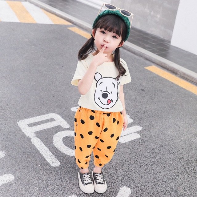 Girl's Cotton Half Sleeves T-Shirt & Lounge Pant Set Bear Print - Image 2