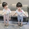 Girl’s Cotton Half Sleeves Round Neck Bow Attached Tee And Dungaree Set Cat Print