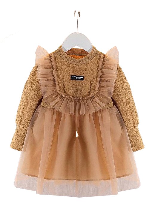 Girl's Korean Style Long Sleeve Round Neck Frilled Detailing Embellished Frock - Image 14
