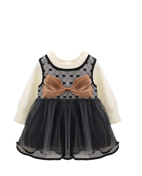 Girl's Korean Style Long Sleeve Round Neck Bow Attached Embellished Plaid Frock - Image 5