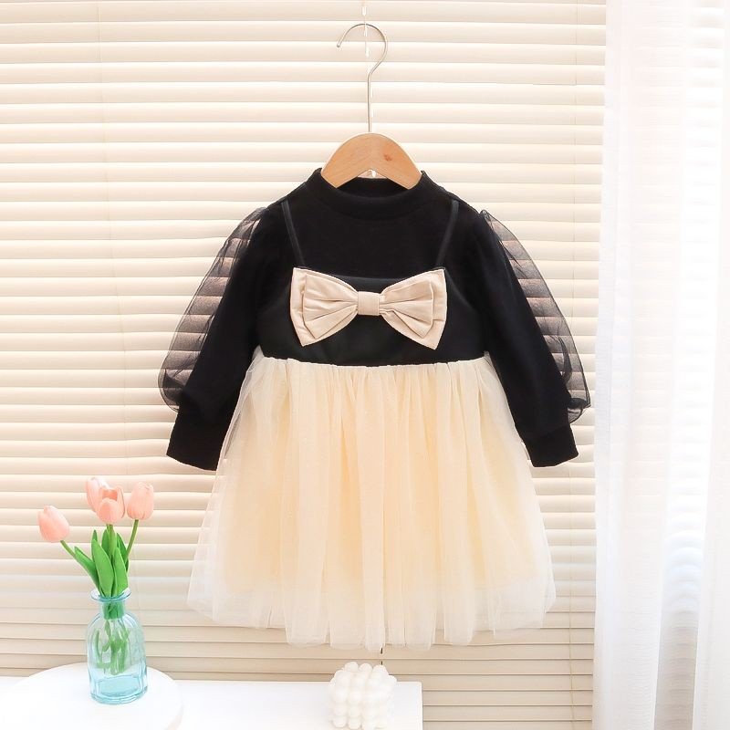 Girl's Korean Style Long Sleeve Round Neck Bow Attached Embellished Plaid Frock - Image 3