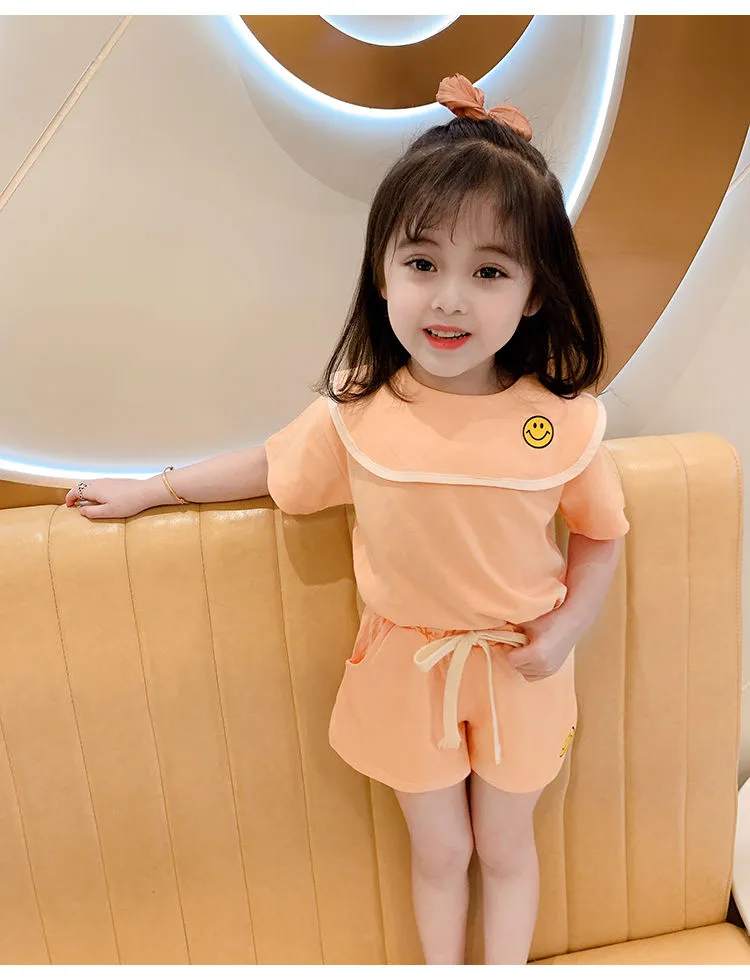 Girl's Half Sleeve Round Neck T-Shirt And Drawstring Elasticated Shorts Set Smiley Print - Image 6