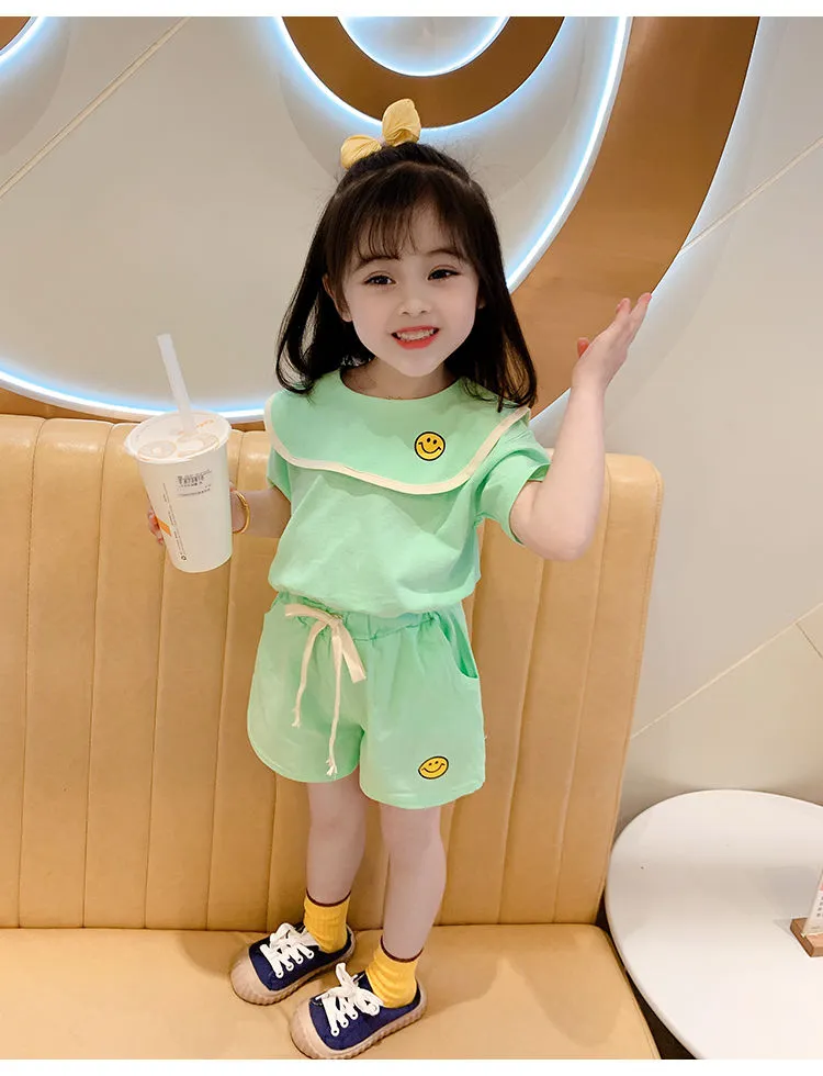 Girl's Half Sleeve Round Neck T-Shirt And Drawstring Elasticated Shorts Set Smiley Print - Image 3