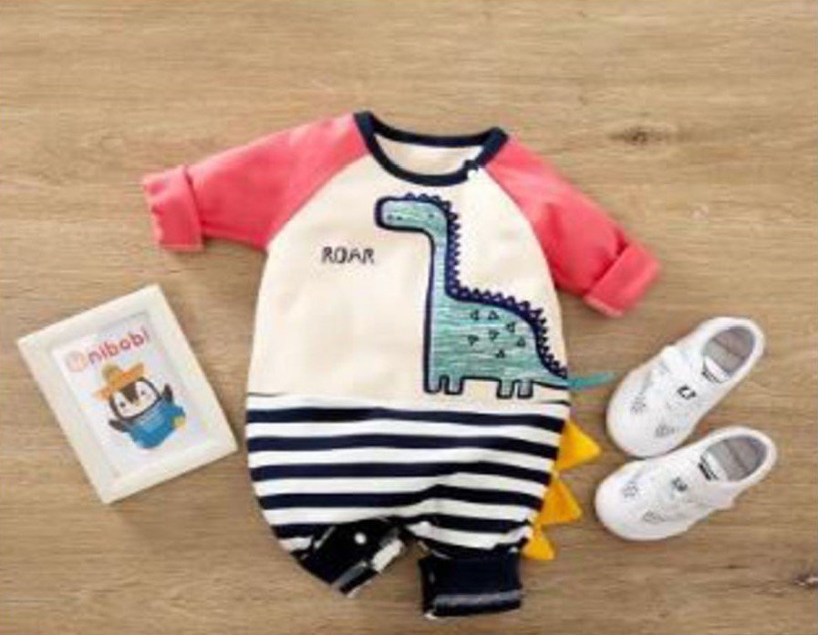 Boy’s & Girl’s Dinosaur Patched Full Sleeves Romper - White And Pink - Image 3