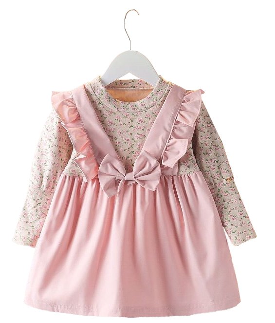 Girl's Korean Style Long Sleeve Round Neck Floral Print Frilled Detailing Bow Attached Frock - Image 14