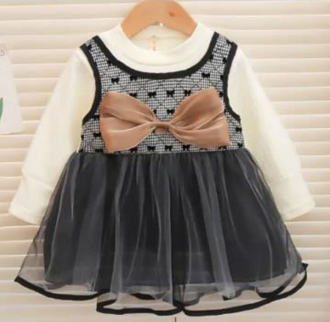 Girl's Korean Style Long Sleeve Round Neck Bow Attached Embellished Plaid Frock - Image 6