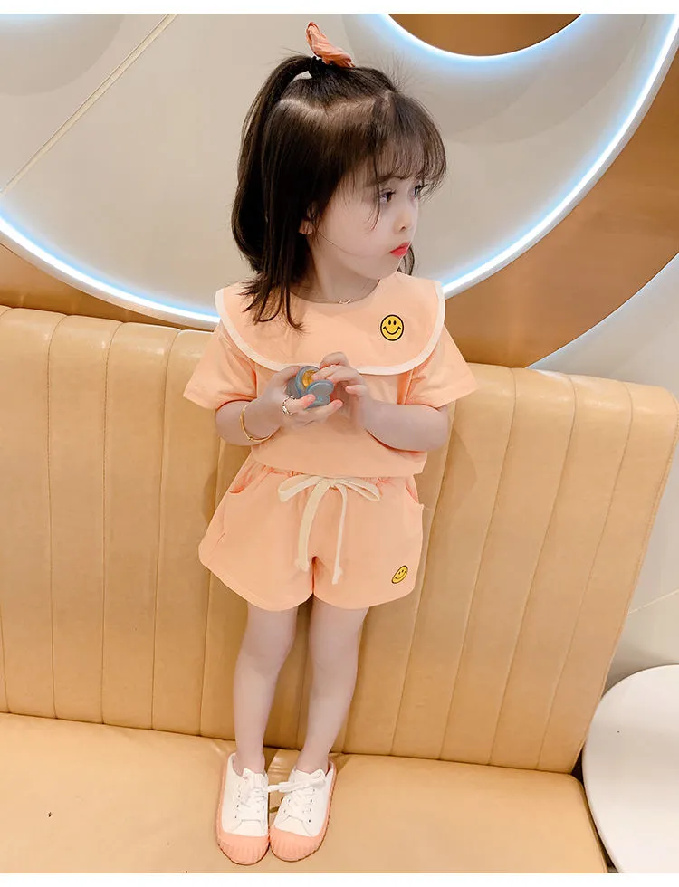 Girl's Half Sleeve Round Neck T-Shirt And Drawstring Elasticated Shorts Set Smiley Print - Image 4