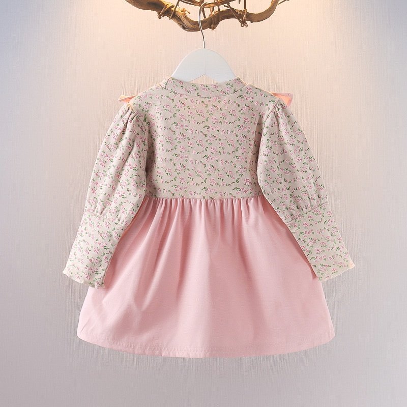 Girl's Korean Style Long Sleeve Round Neck Floral Print Frilled Detailing Bow Attached Frock - Image 16