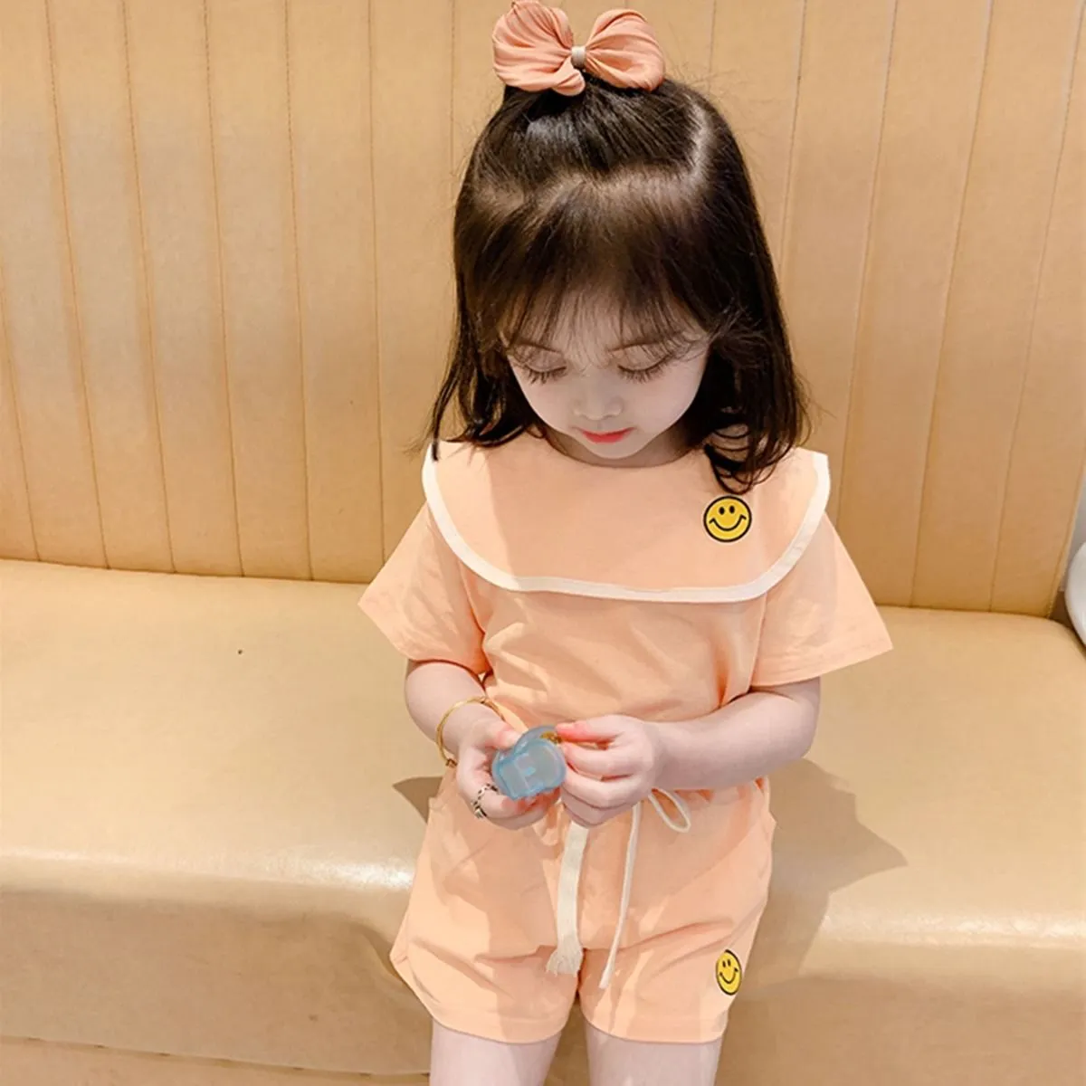 Girl's Half Sleeve Round Neck T-Shirt And Drawstring Elasticated Shorts Set Smiley Print - Image 7