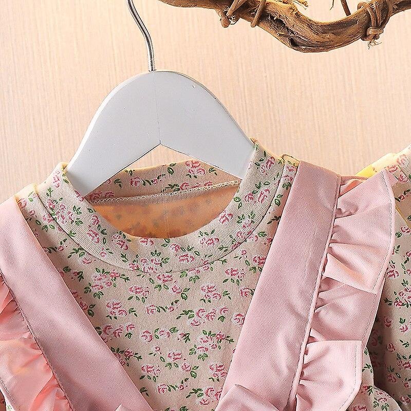 Girl's Korean Style Long Sleeve Round Neck Floral Print Frilled Detailing Bow Attached Frock - Image 17