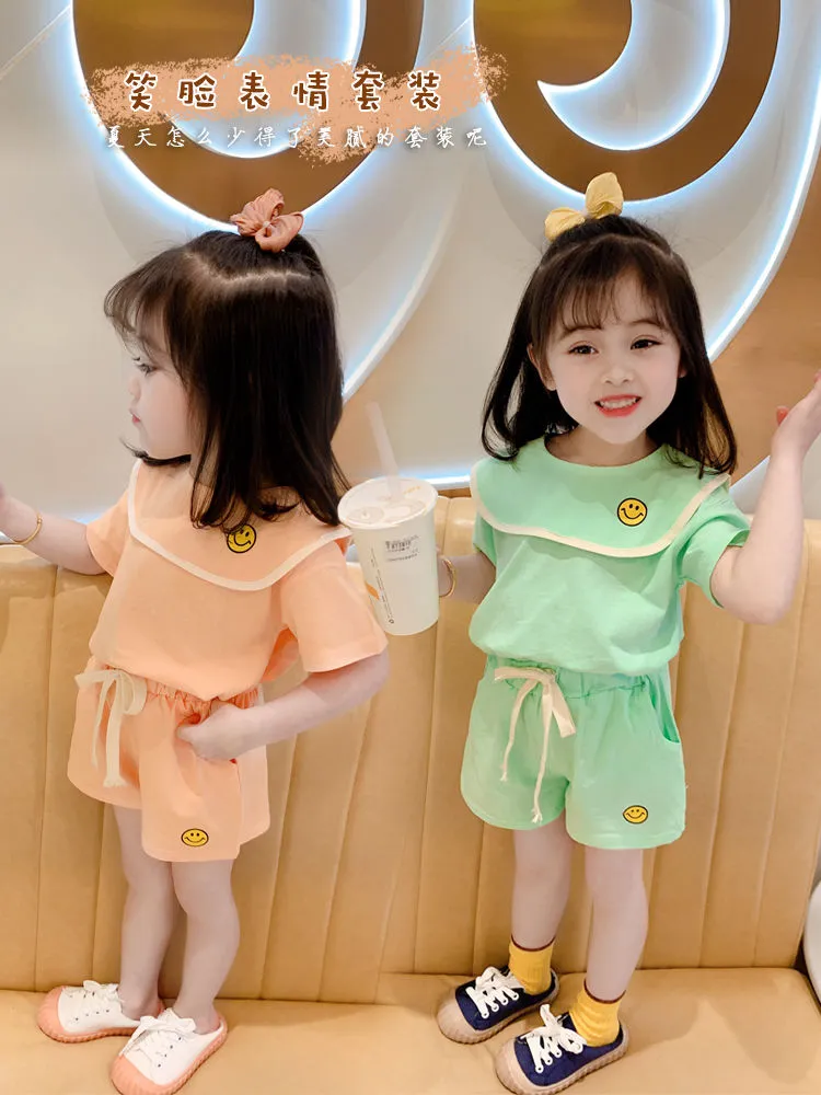 Girl's Half Sleeve Round Neck T-Shirt And Drawstring Elasticated Shorts Set Smiley Print - Image 5