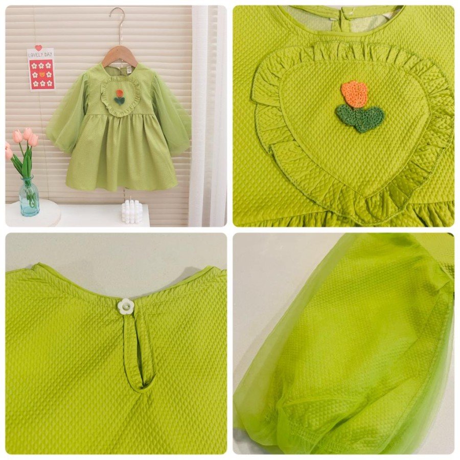 Girl's Korean Style Long Sleeve Round Neck Frilled Detailing Embellished Frock - Image 3