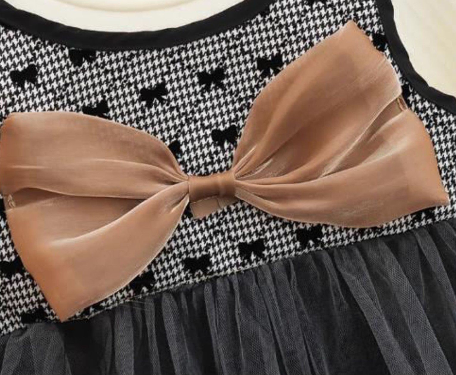 Girl's Korean Style Long Sleeve Round Neck Bow Attached Embellished Plaid Frock - Image 9