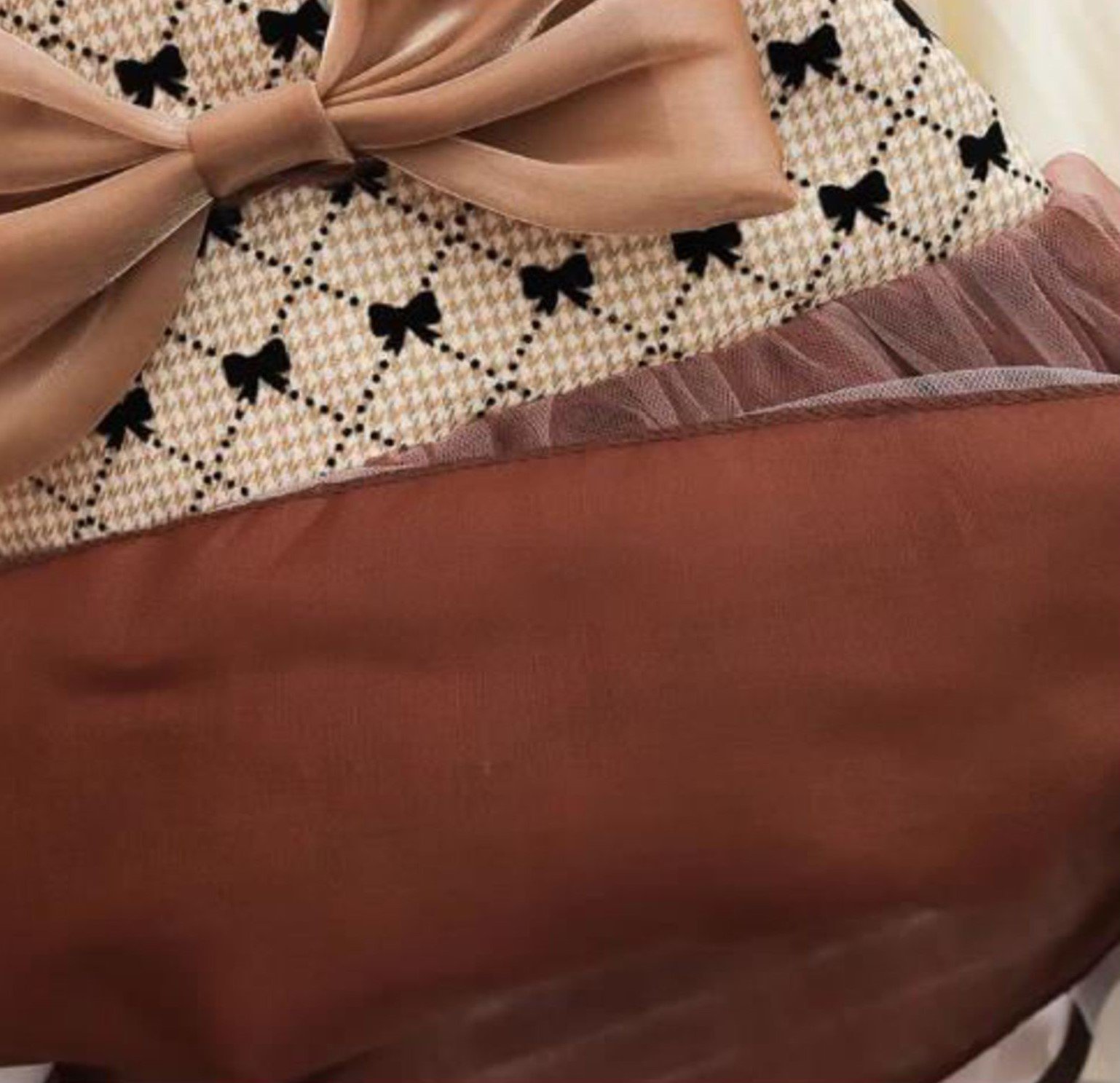 Girl's Korean Style Long Sleeve Round Neck Bow Attached Embellished Plaid Frock - Image 15