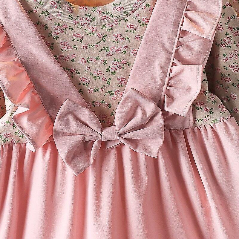 Girl's Korean Style Long Sleeve Round Neck Floral Print Frilled Detailing Bow Attached Frock - Image 18