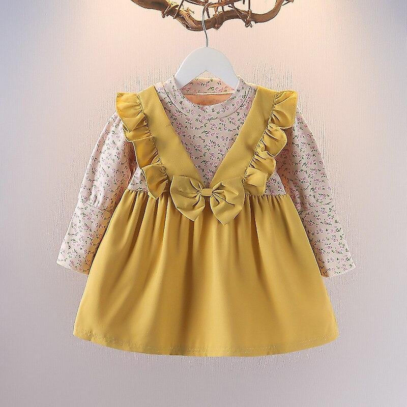 Girl's Korean Style Long Sleeve Round Neck Floral Print Frilled Detailing Bow Attached Frock - Image 3
