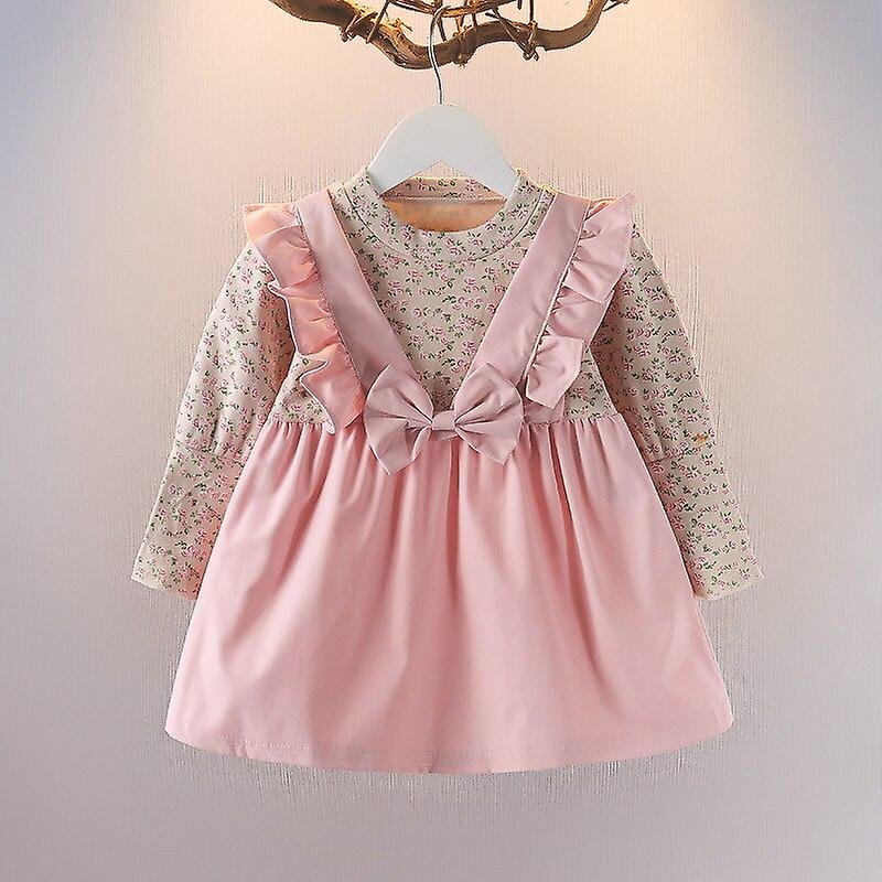 Girl's Korean Style Long Sleeve Round Neck Floral Print Frilled Detailing Bow Attached Frock - Image 4