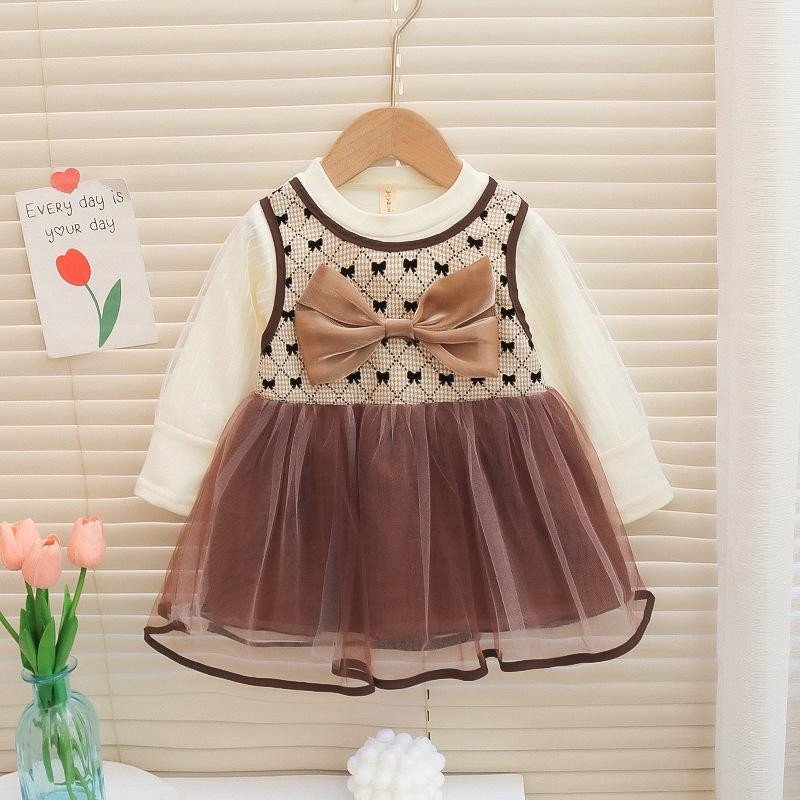 Girl's Korean Style Long Sleeve Round Neck Bow Attached Embellished Plaid Frock - Image 3