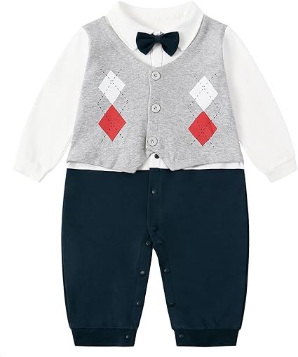 Cotton Full Sleeves Party Romper With Diamond Print Attached Waistcoat & Bow - Image 4
