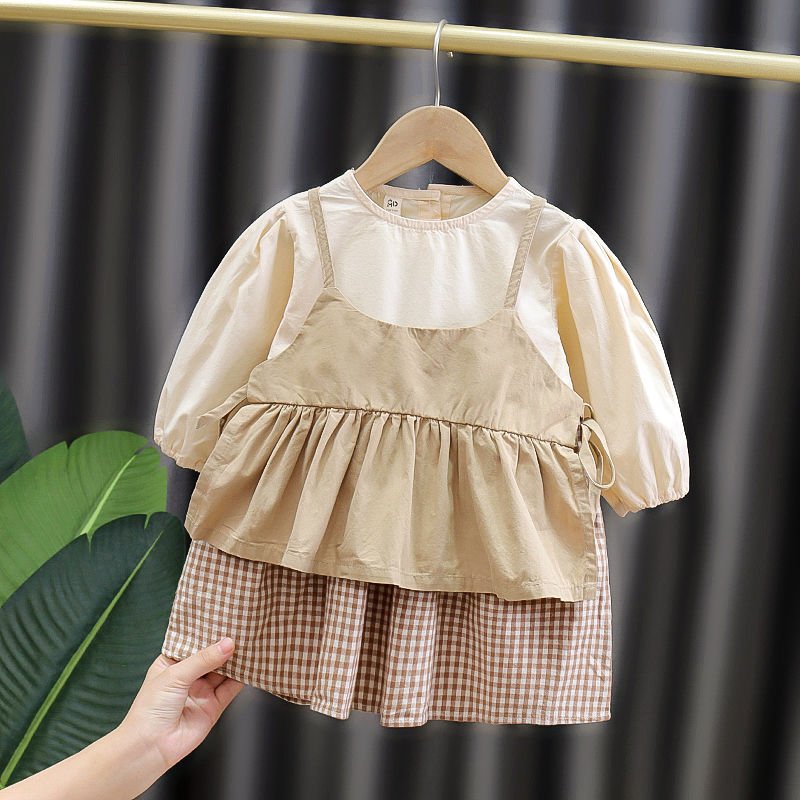 Girl's Korean Style Frill Cuff Long Sleeve Round Neck Checked Print Plaid Frock - Image 7