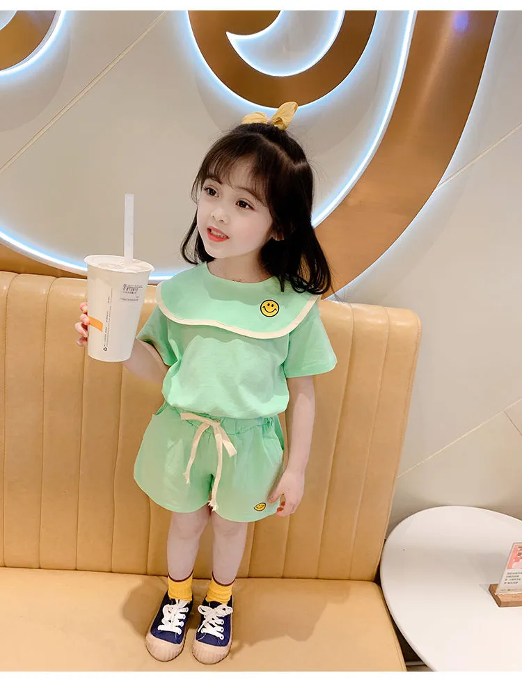 Girl's Half Sleeve Round Neck T-Shirt And Drawstring Elasticated Shorts Set Smiley Print - Image 9