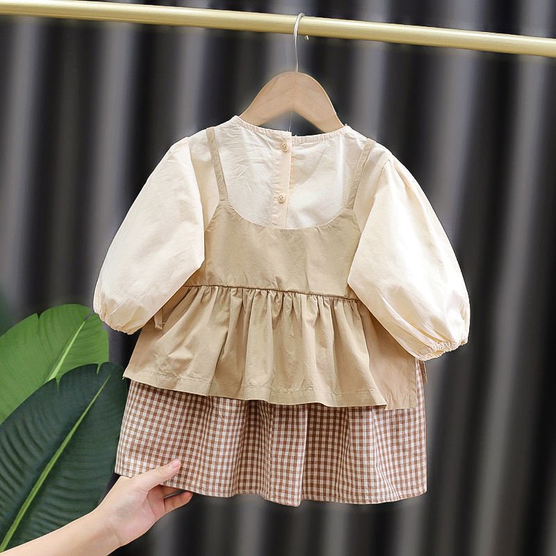 Girl's Korean Style Frill Cuff Long Sleeve Round Neck Checked Print Plaid Frock - Image 3