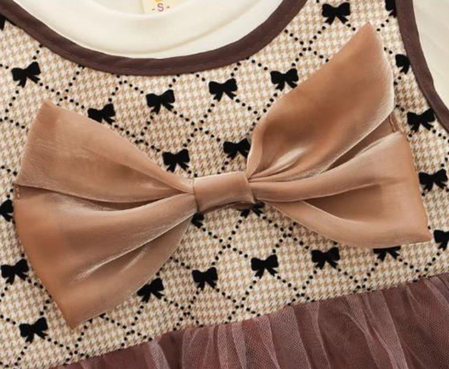 Girl's Korean Style Long Sleeve Round Neck Bow Attached Embellished Plaid Frock - Image 17