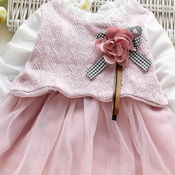 Girl's Korean Style Long Sleeve Round Frill Neck Embellished Frock - Image 12