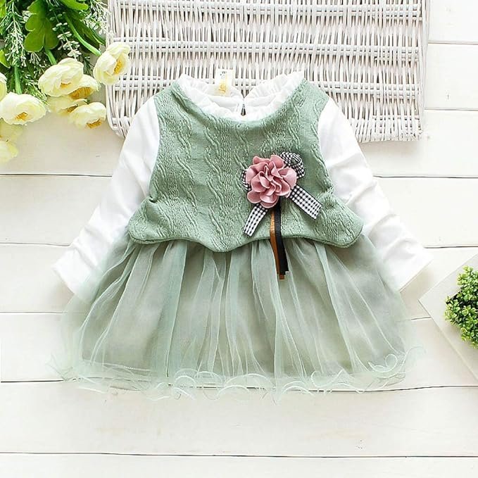 Girl's Korean Style Long Sleeve Round Frill Neck Embellished Frock - Image 8