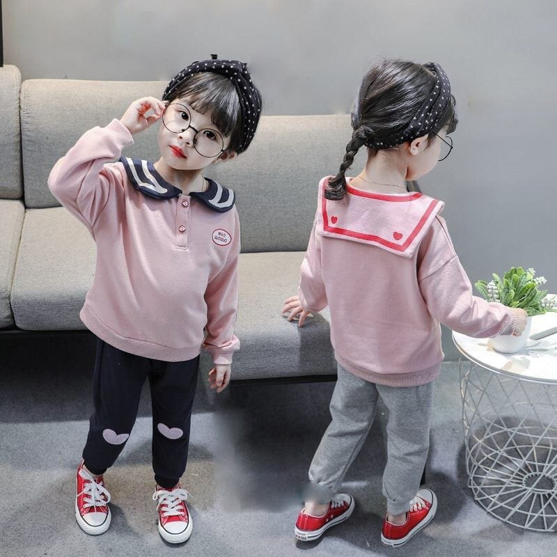 Girl's Cotton Full Sleeves T-Shirt & Pant Set With Patch Collar Work