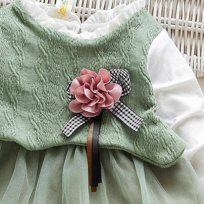 Girl's Korean Style Long Sleeve Round Frill Neck Embellished Frock - Image 20