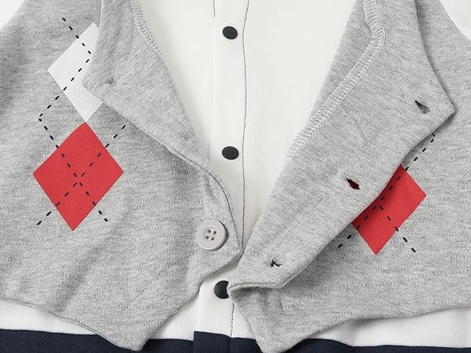 Cotton Full Sleeves Party Romper With Diamond Print Attached Waistcoat & Bow - Image 6