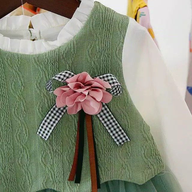 Girl's Korean Style Long Sleeve Round Frill Neck Embellished Frock - Image 16