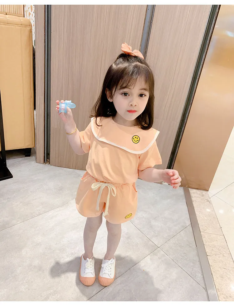 Girl's Half Sleeve Round Neck T-Shirt And Drawstring Elasticated Shorts Set Smiley Print - Image 10