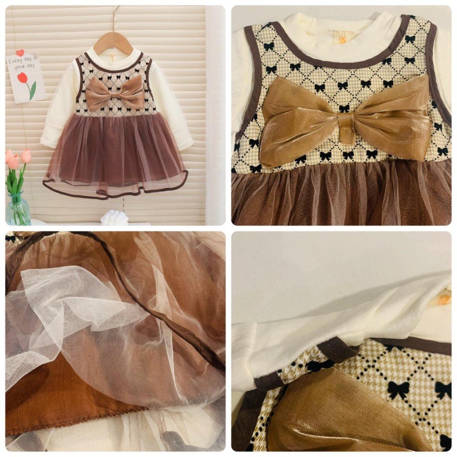 Girl's Korean Style Long Sleeve Round Neck Bow Attached Embellished Plaid Frock - Image 4