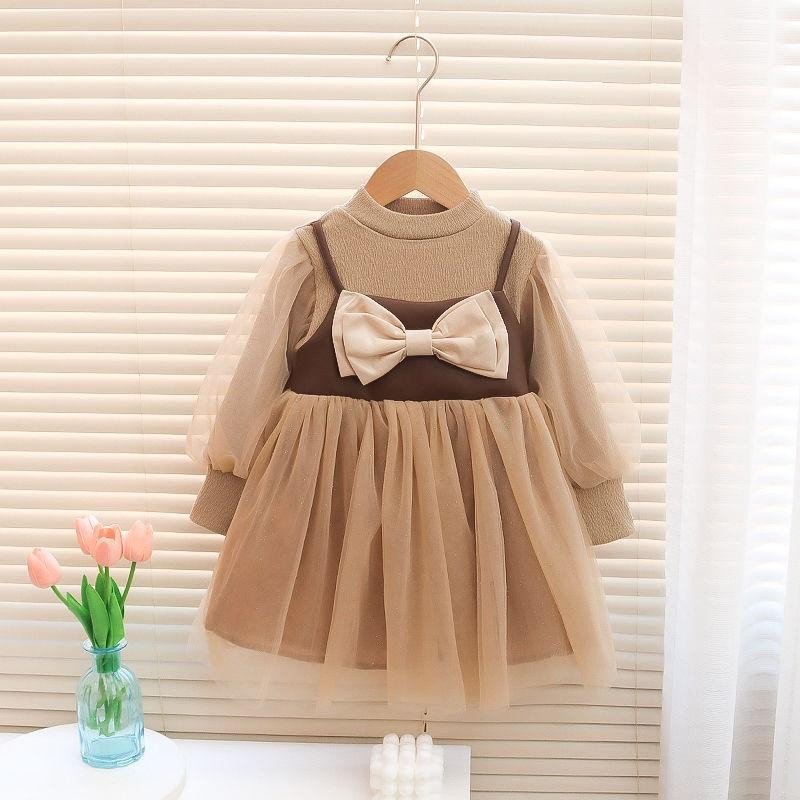 Girl's Korean Style Long Sleeve Round Neck Bow Attached Embellished Plaid Frock - Image 9