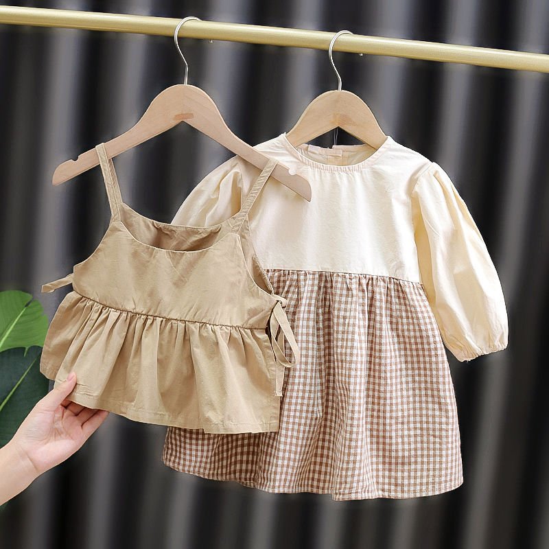 Girl's Korean Style Frill Cuff Long Sleeve Round Neck Checked Print Plaid Frock - Image 6