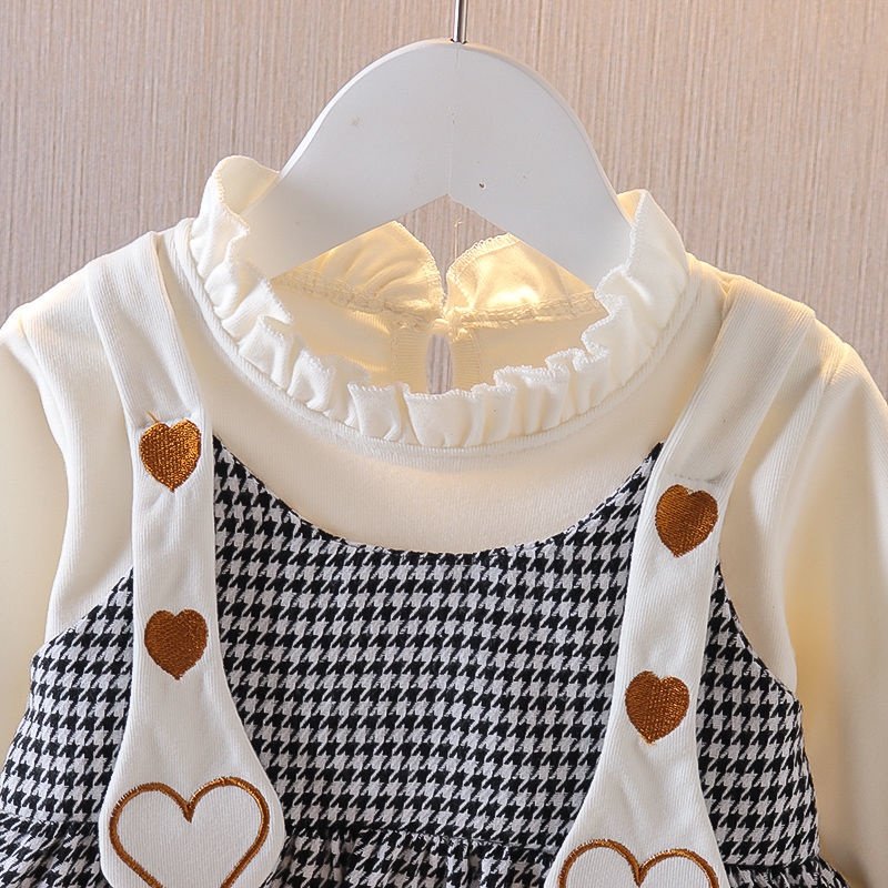 Girl's Korean Style Frill Cuff Long Sleeve Round Neck Checked Print Plaid Frock - Image 3