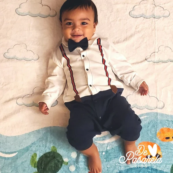 Full Sleeves Suspender Print Party Romper With Bow Tie Solid - Image 13