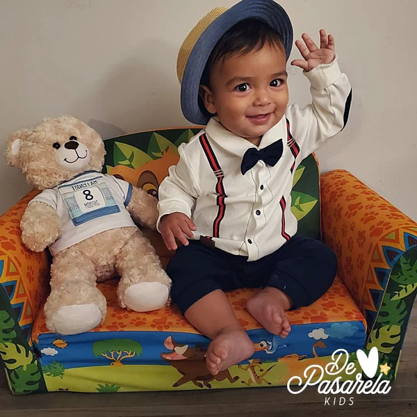 Full Sleeves Suspender Print Party Romper With Bow Tie Solid - Image 14