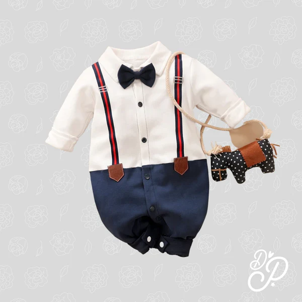 Full Sleeves Suspender Print Party Romper With Bow Tie Solid - Image 3