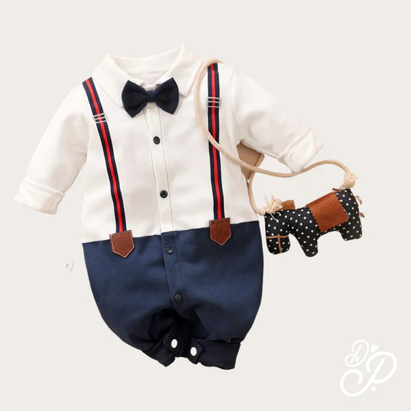 Full Sleeves Suspender Print Party Romper With Bow Tie Solid - Image 4
