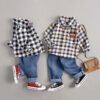 Boy's Full Sleeves 3-Piece Checked Shirt And Jeans Pant Set With Bow