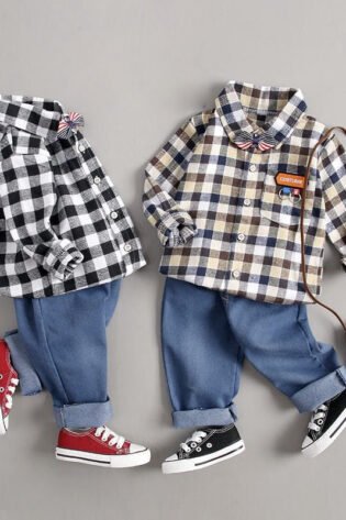 Boy's Full Sleeves 3-Piece Checked Shirt And Jeans Pant Set With Bow