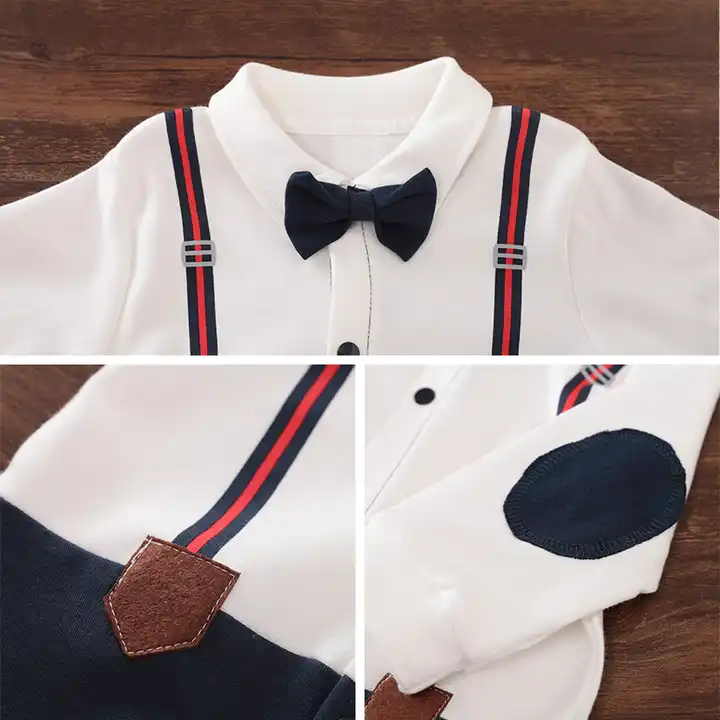 Full Sleeves Suspender Print Party Romper With Bow Tie Solid - Image 8