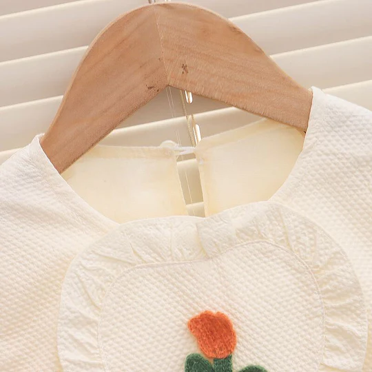 Girl's Korean Style Long Sleeve Round Neck Frilled Detailing Embellished Frock - Image 18