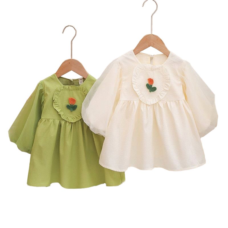 Girl's Korean Style Long Sleeve Round Neck Frilled Detailing Embellished Frock - Image 5