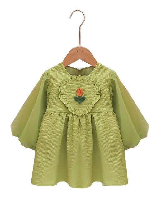 Girl's Korean Style Long Sleeve Round Neck Frilled Detailing Embellished Frock - Image 6